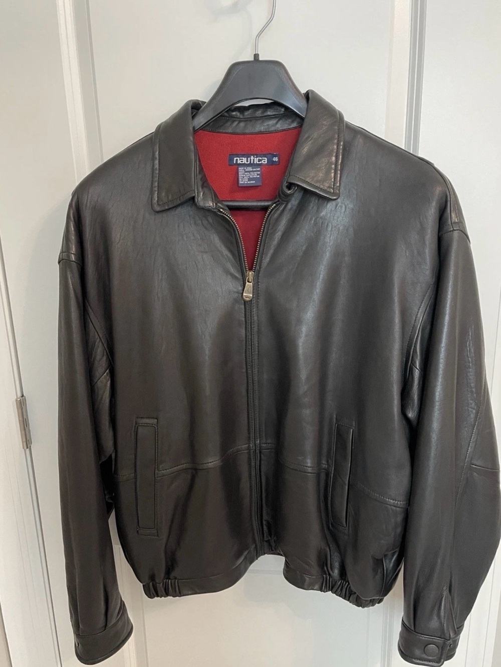 Vintage Nautica Black Leather Bomber Jacket with Red Lining Mens Size 46